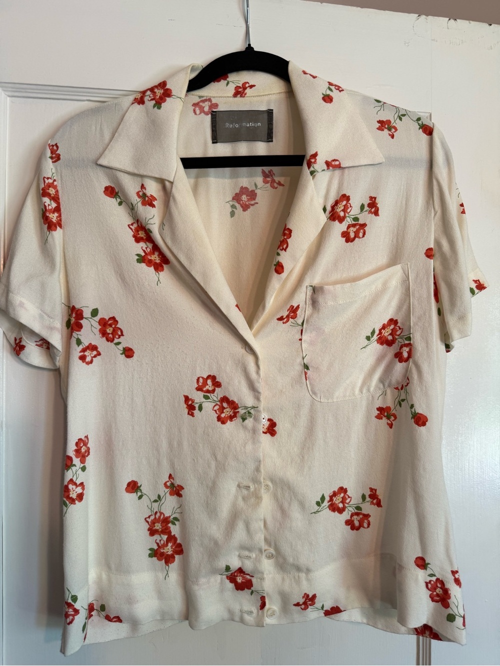 Reformation Cream Floral Short-Sleeve Button Down Shirt